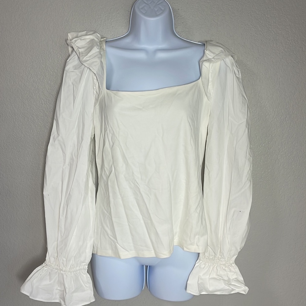 INC International Concepts White Square Neck Ruffle Shoulder Long Sleeve Top L